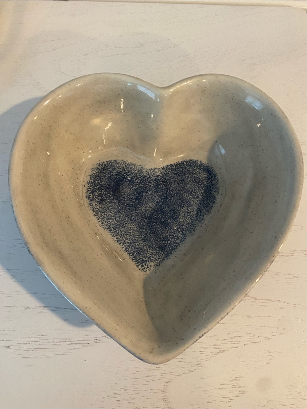 Handcrafted Heart Ceramic Dish in Cream with Blue Heart
